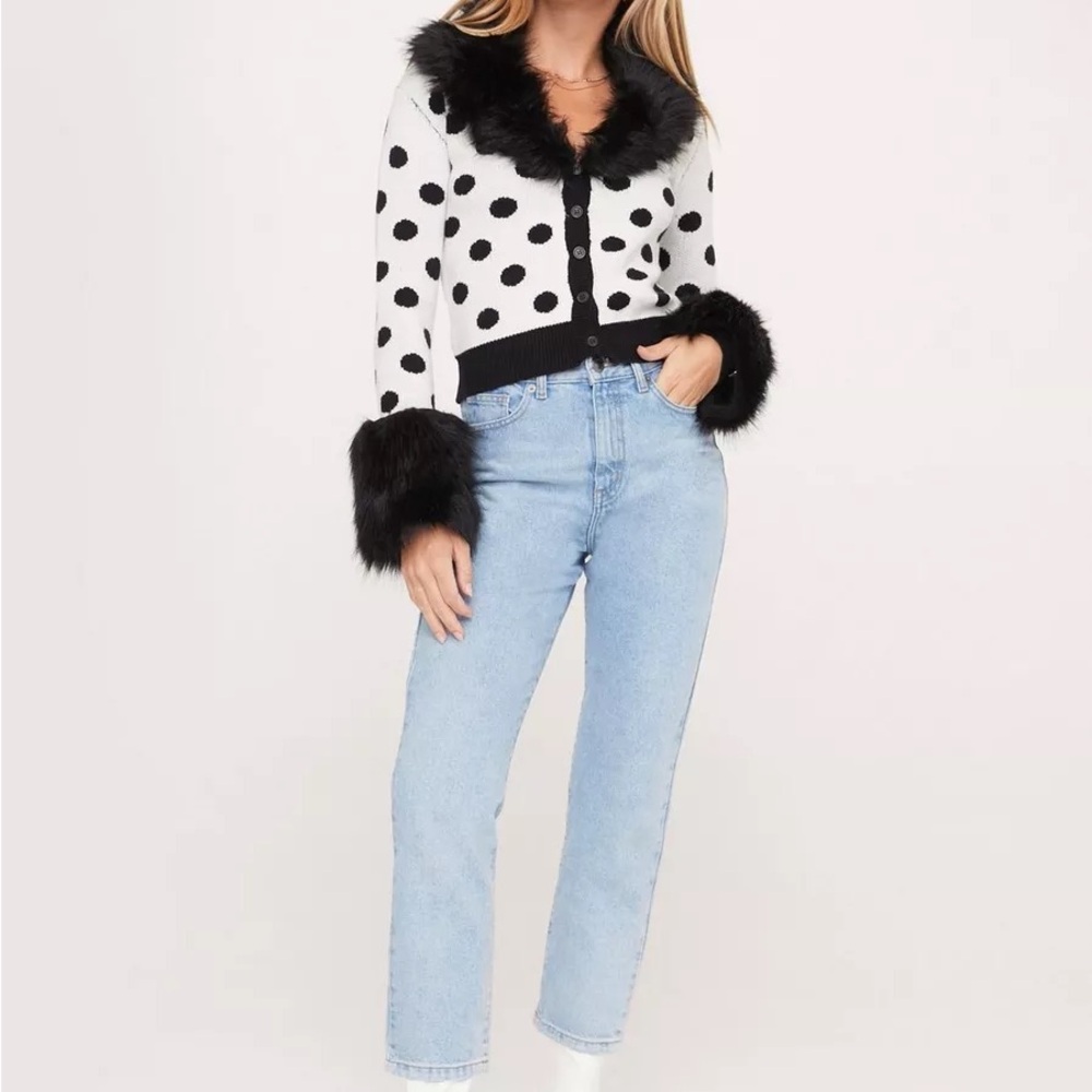 Polka Dot Faux Fur Trim Sweater Cardigan US 6 - Picture 3 of 8